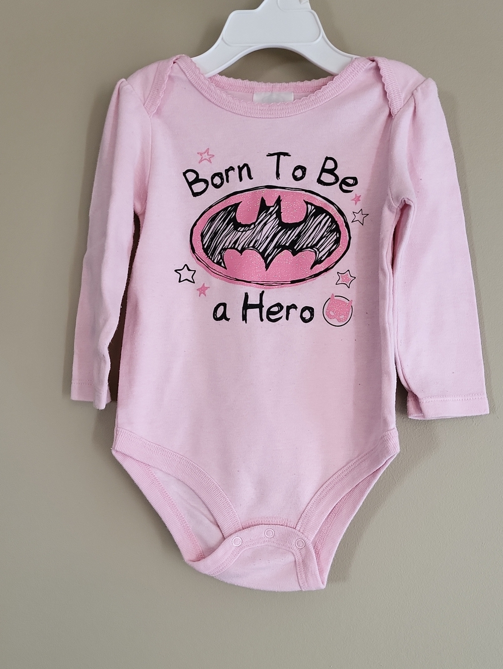Batgirl "Born To Be A Hero" pink long sleeve onesie/bodysuit